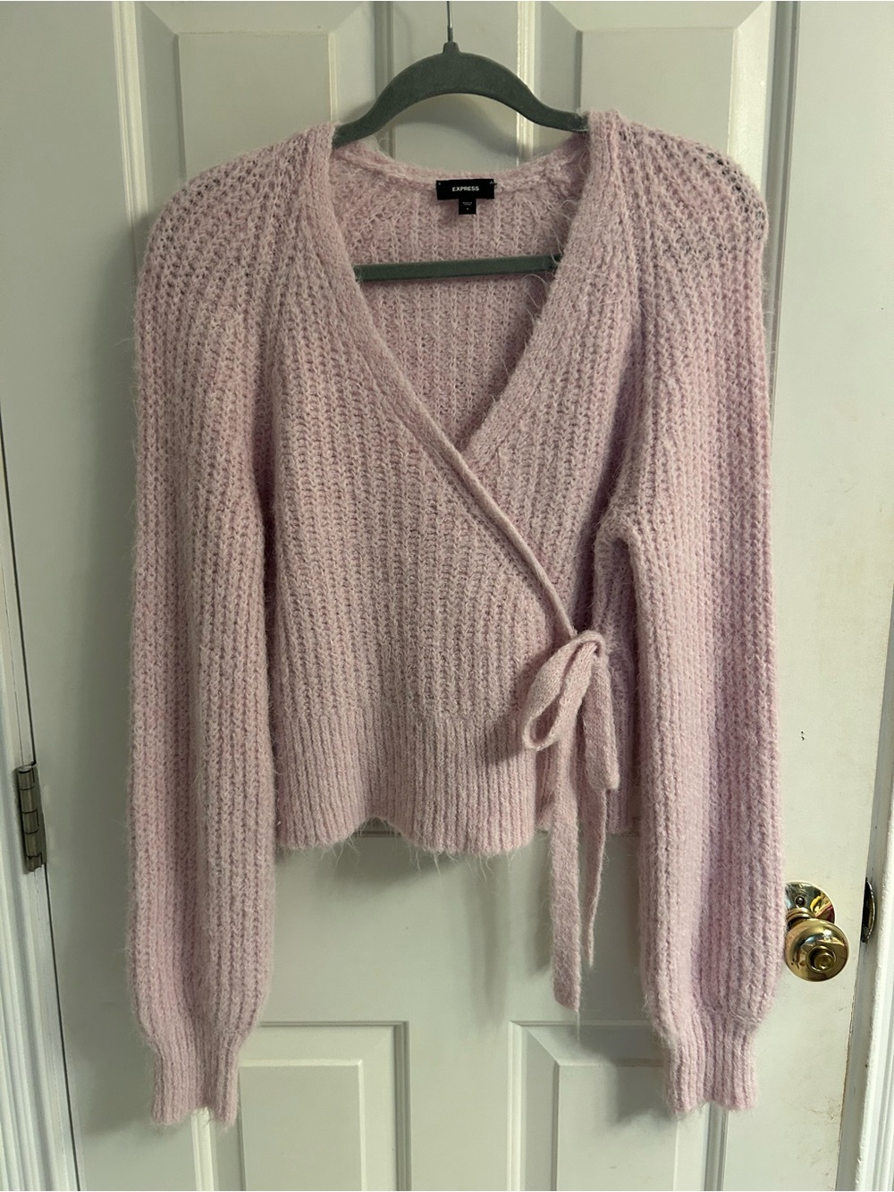 Women’s Express Pink Wrap V-Neck Fuzzy Knit Sweater